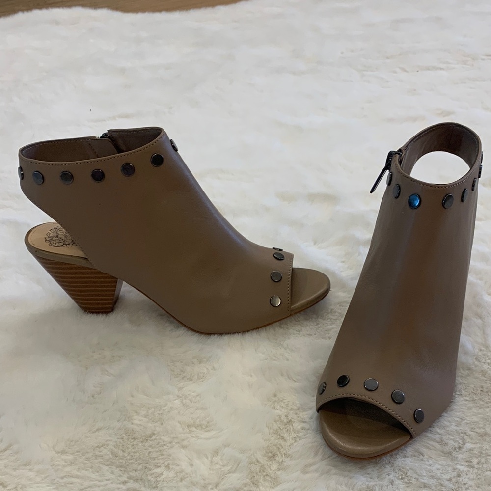 Vince Camuto Taupe Leather Peep-Toe Heeled Booties - Picture 6 of 6